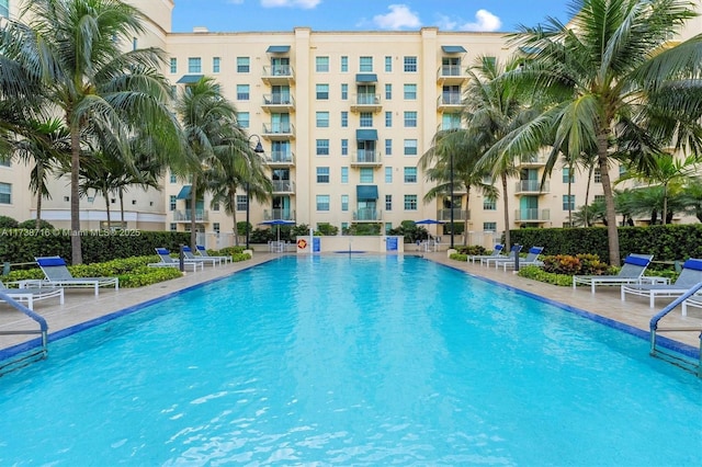 view of swimming pool with a patio area