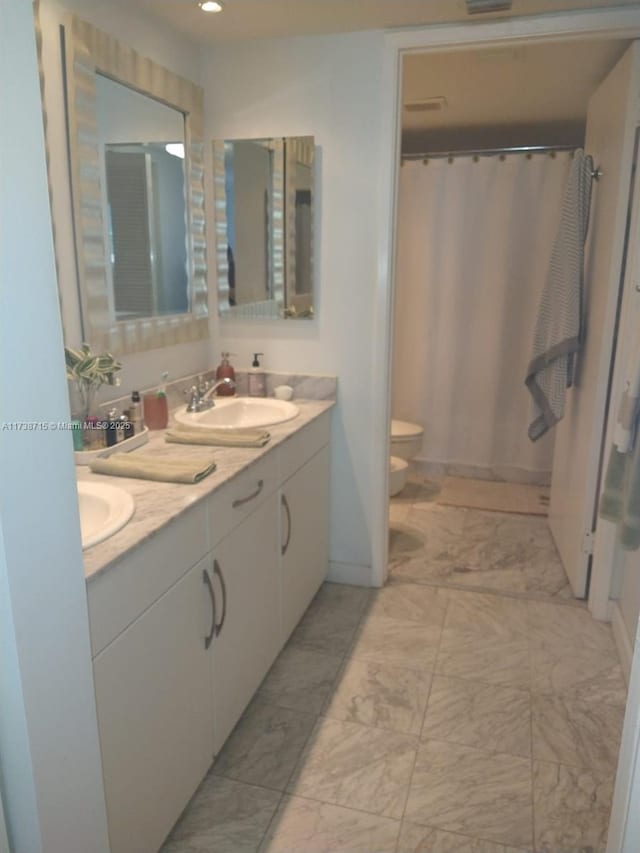 bathroom featuring vanity, a shower with shower curtain, and toilet