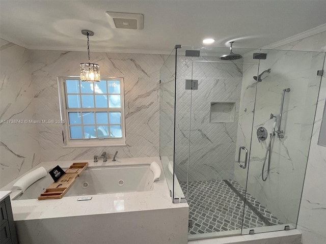 bathroom with shower with separate bathtub, crown molding, and vanity