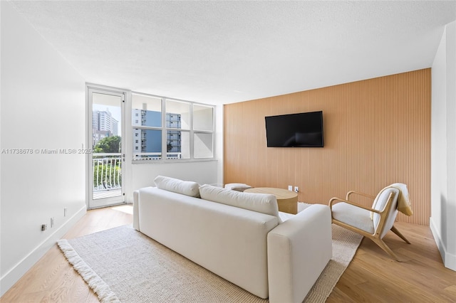 living room with a textured ceiling and light hardwood / wood-style flooring