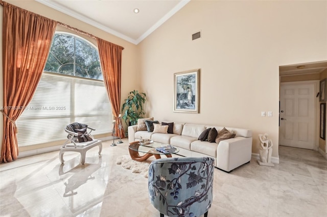 living room with ornamental molding and high vaulted ceiling