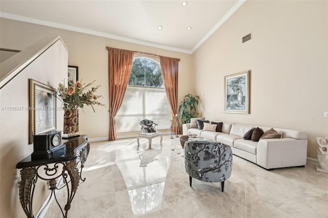 living room featuring ornamental molding and a high ceiling