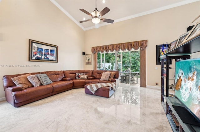 living room featuring crown molding, ceiling fan, and high vaulted ceiling