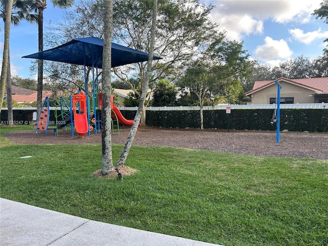 view of playground featuring a lawn