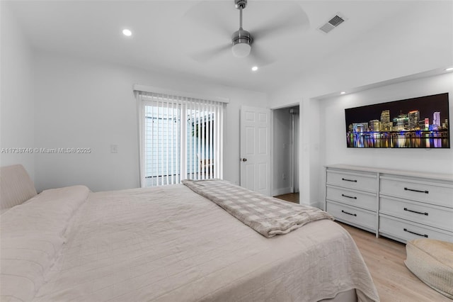 bedroom featuring ceiling fan and light wood-type flooring