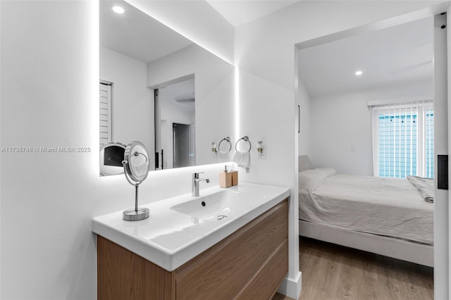 bathroom with hardwood / wood-style flooring and vanity