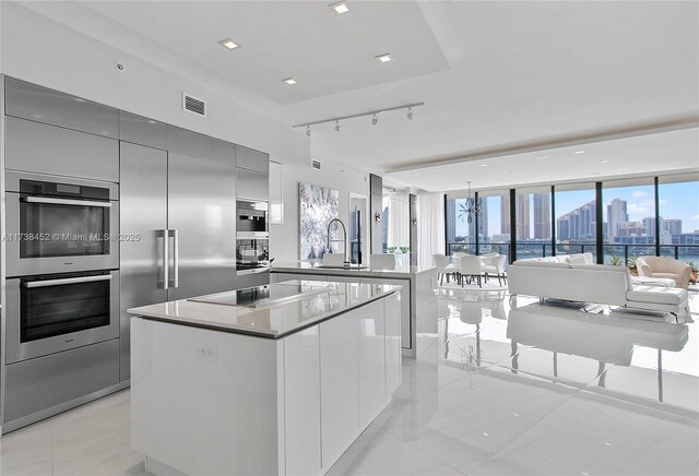 kitchen with sink, gray cabinets, double oven, black electric stovetop, and a kitchen island