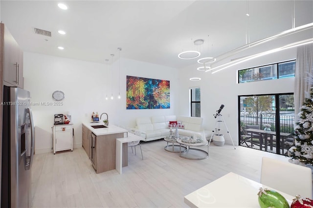 living room featuring sink and light hardwood / wood-style floors