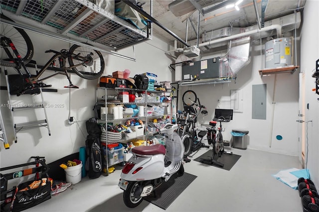 interior space with electric panel and water heater