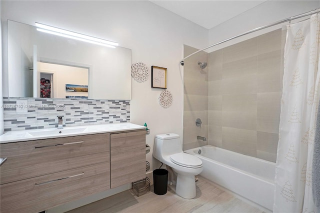 full bathroom with toilet, wood-type flooring, vanity, shower / bath combination with curtain, and backsplash