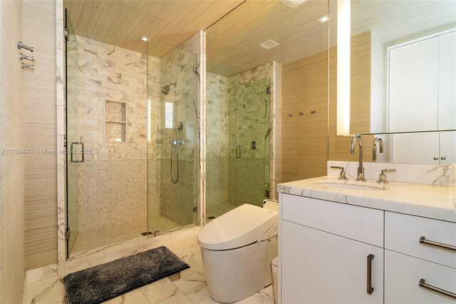 bathroom featuring vanity, toilet, a shower with door, and wooden ceiling