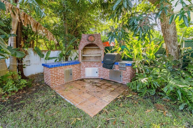 view of yard with a patio, a gazebo, a fireplace, and a shed