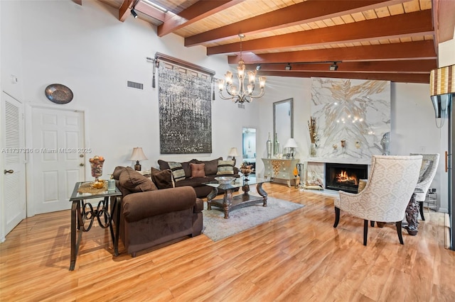 living room with a fireplace, a chandelier, hardwood / wood-style flooring, wooden ceiling, and beam ceiling