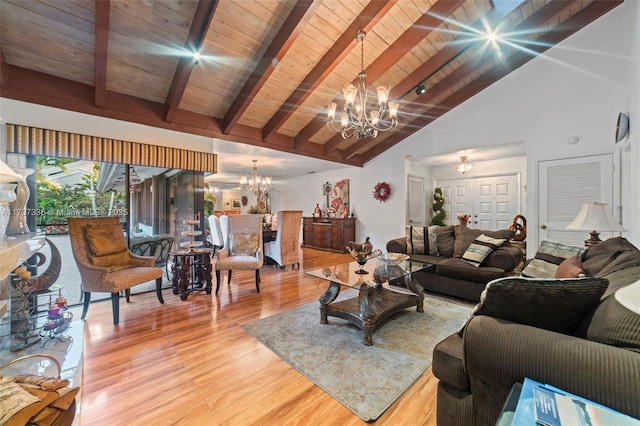 living room featuring wood ceiling, an inviting chandelier, hardwood / wood-style floors, high vaulted ceiling, and beamed ceiling