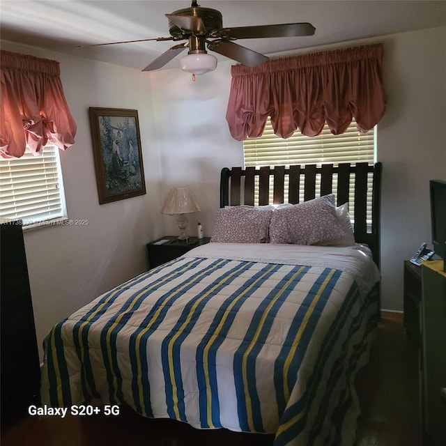 bedroom with multiple windows and ceiling fan