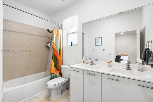 full bathroom with vanity, tile patterned flooring, shower / bath combination with curtain, and toilet