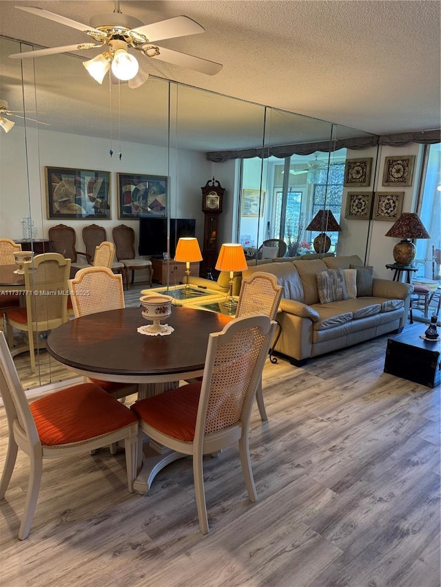 dining area featuring ceiling fan, hardwood / wood-style floors, and a textured ceiling