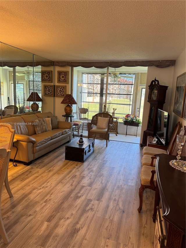 living room with wood-type flooring, plenty of natural light, and a textured ceiling