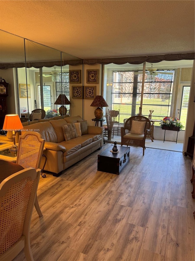 living room with hardwood / wood-style floors, plenty of natural light, and a textured ceiling