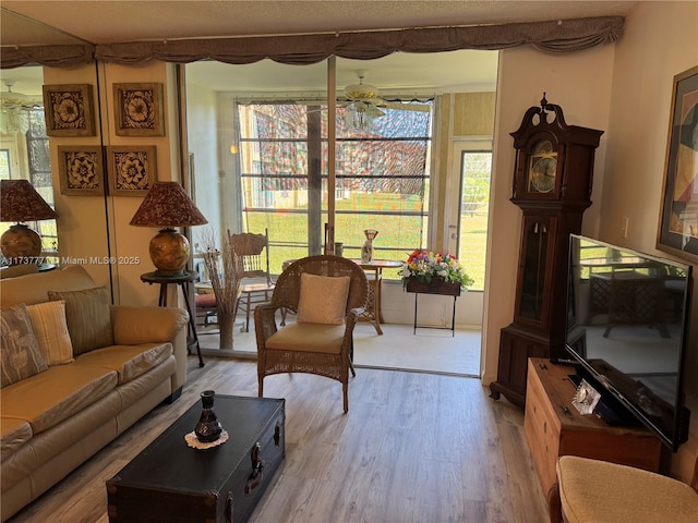 living room featuring ceiling fan and light hardwood / wood-style flooring