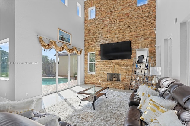 living room featuring a fireplace