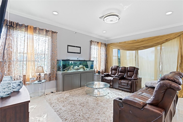 living room featuring crown molding