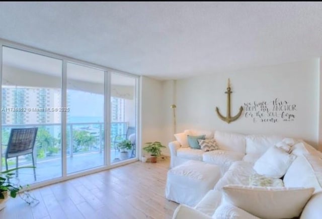 living room featuring expansive windows and light wood-type flooring