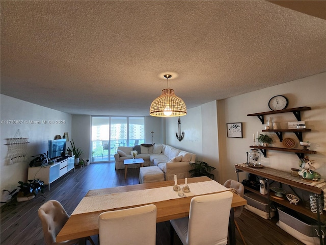 dining room with dark hardwood / wood-style floors and a textured ceiling