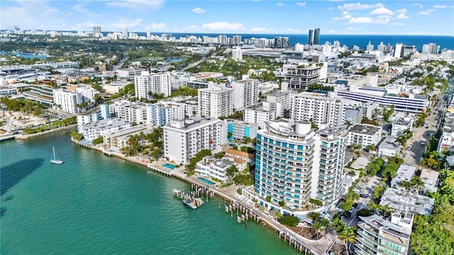 bird's eye view with a water view