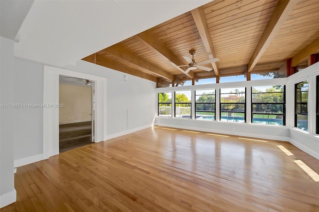 interior space featuring beam ceiling, ceiling fan, wood ceiling, and light hardwood / wood-style floors