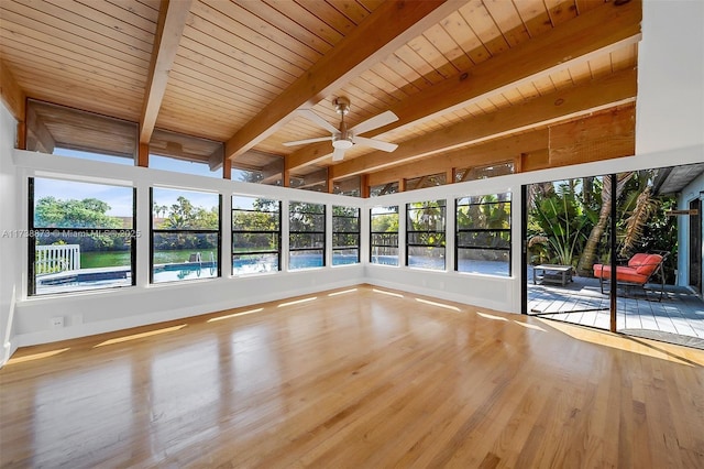 unfurnished sunroom featuring ceiling fan, wooden ceiling, and beam ceiling