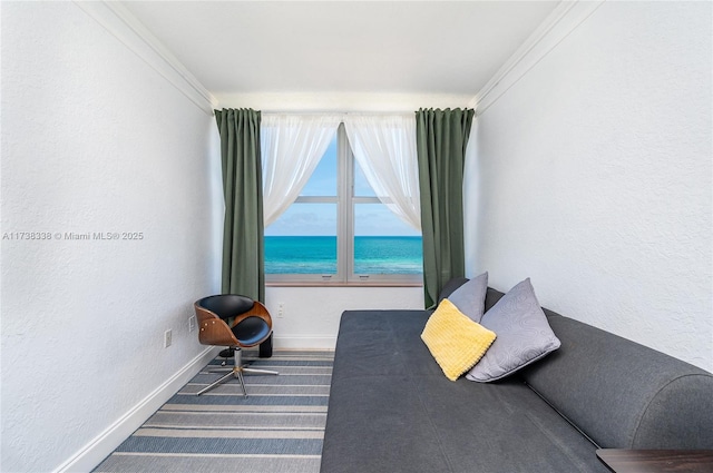 carpeted bedroom with a water view