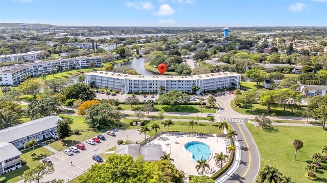 drone / aerial view featuring a water view