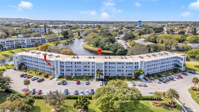 aerial view featuring a water view