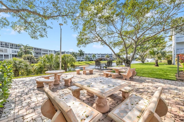 view of patio / terrace featuring outdoor dining area and a water view