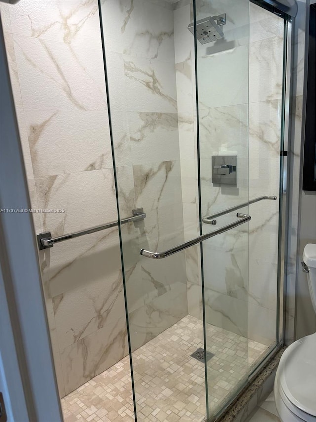 bathroom with toilet and a marble finish shower