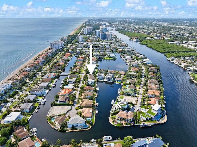 drone / aerial view featuring a water view