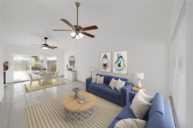 living room featuring light tile patterned flooring and a high ceiling