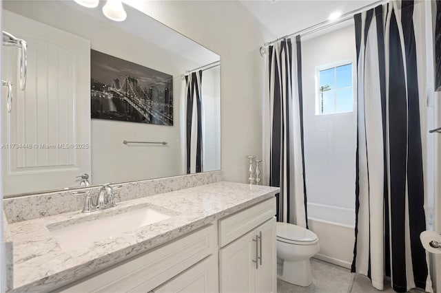 full bathroom featuring vanity, toilet, tile patterned flooring, and shower / bath combo