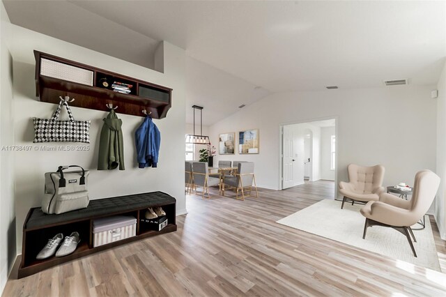 mudroom with lofted ceiling and light hardwood / wood-style flooring