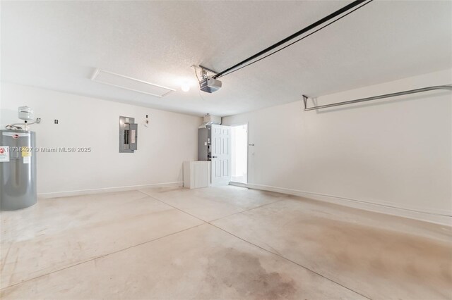 garage with a garage door opener, electric panel, and electric water heater