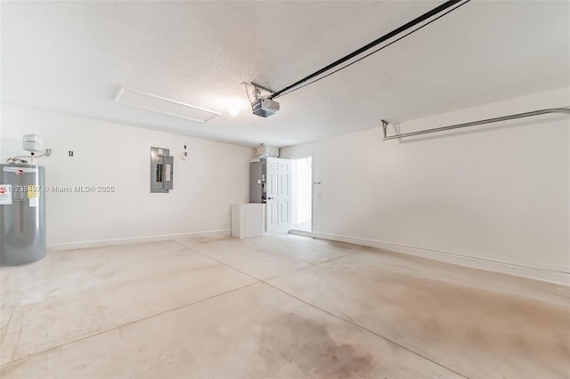 garage featuring water heater, baseboards, electric panel, and a garage door opener