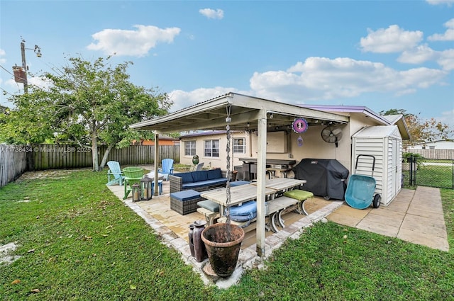 exterior space with a storage shed, an outdoor living space, and a grill