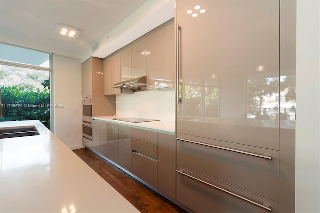 kitchen featuring black electric stovetop, dark hardwood / wood-style floors, sink, and gray cabinetry