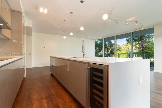 kitchen with pendant lighting, sink, beverage cooler, a kitchen island with sink, and dark wood-type flooring