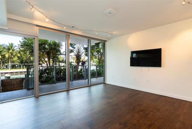 spare room featuring wood-type flooring, floor to ceiling windows, and track lighting