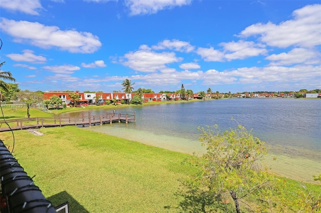 view of water feature with a dock