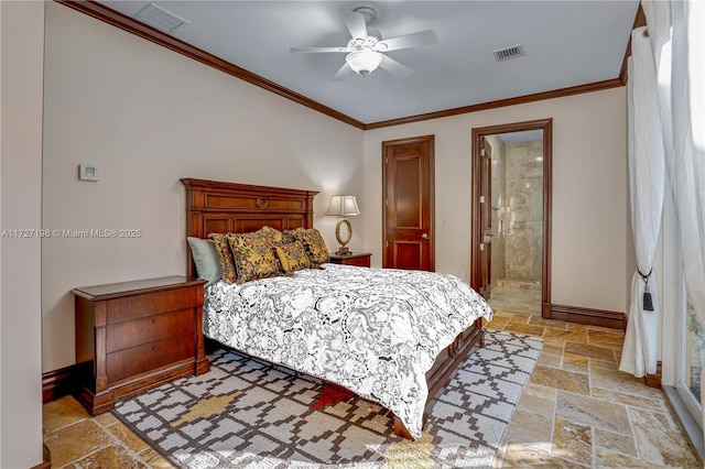 bedroom with crown molding, baseboards, visible vents, and stone tile flooring