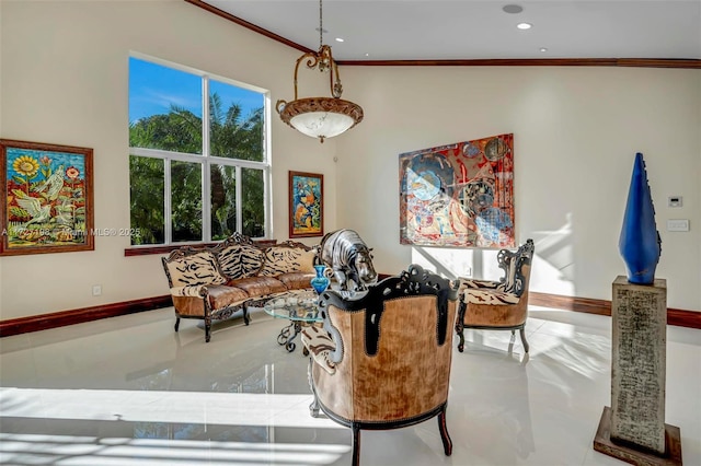 interior space with recessed lighting, baseboards, marble finish floor, and ornamental molding