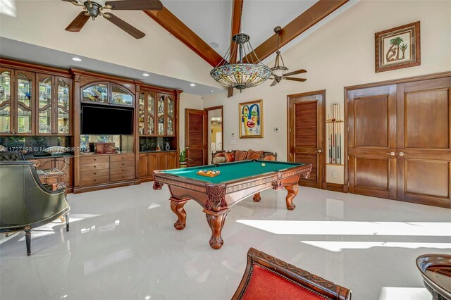 playroom featuring beam ceiling, a ceiling fan, and high vaulted ceiling